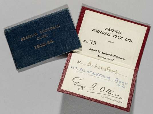 Two Arsenal Football Club Steward's admittance cards for season 1933-34 and 1937-38,
 both issued to A Linstead of 122 Blackstock Road, N4, the first 