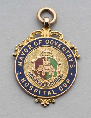 9ct gold & enamel Mayor of Coventry's Hospital Cup awarded to Fred McLachlan of Coventry City in 1924, 
 inscribed with competition details, weight 10