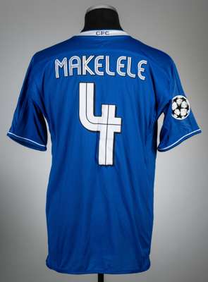 Claude Makelele blue Chelsea no.4 home jersey, season 2003-04,
 Umbro, player issued short-sleeved with UEFA STARBALL sleeve badge, club crest and spo
