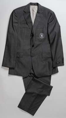 A charcoal grey 2007 Chelsea F.A. Cup final two-piece suit by Hugo Boss, 
 with embroidered badge inscribed Chelsea Football Club, size 48, believed t