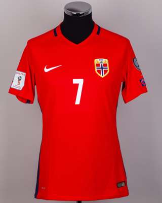 Bjorn Johnsen red No.7 Norway v. Northern Ireland match issued short-sleeved shirt, 2017