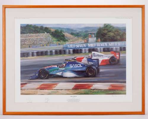 Rubens Barrichello Framed “First Podium” Jordan Print - by Alan Fearnley