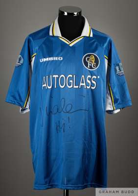 Gianluca Vialli blue No.9 Chelsea v. Manchester United 1997 Charity Shield match worn/issued short-sleeved shirt, 
 Umbro, XXL, with v-neck collar and