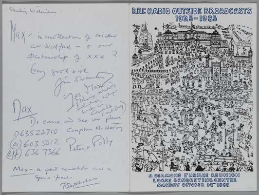 BBC Radio Outside Broadcasts, 1925-1985, Diamond Jubilee Reunion menu card, 
 presented to Max Robertson and autographed by famous sporting commentato