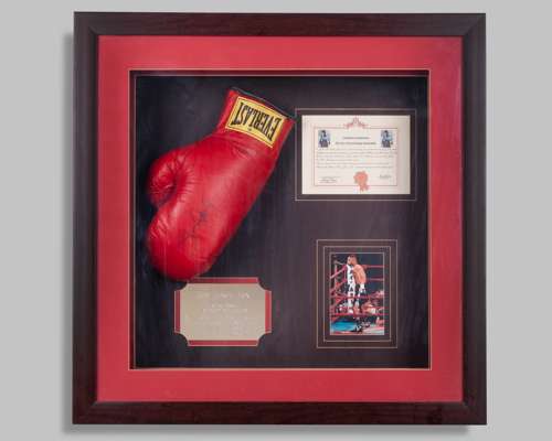 Roy Jones Jr autographed red Everlast boxing glove display