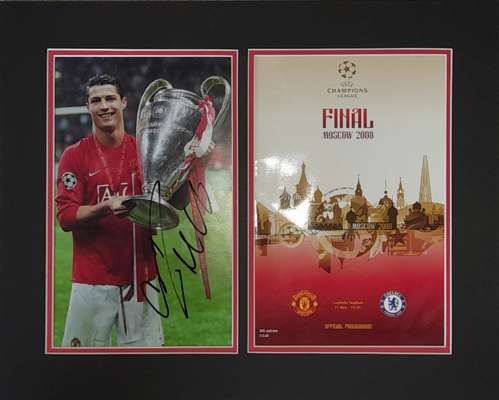 Cristiano Ronaldo signed and mounted 2008 Champions League Manchester United victory over Chelsea display, 
 featuring a photo of Cristiano holding th
