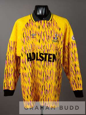 Erik Thorstvedt yellow Tottenham Hotspur No.1 goalkeeper's jersey, season 1991-92,
 by Hummel, long-sleeved yellow with purple and black tiger stripe 