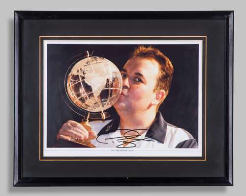 Phil Taylor autographed darts photograph, framed and glazed