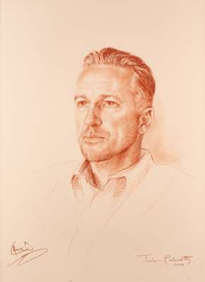 Jocelyn Galsworthy (British, b.1942) 'Ian Botham', dated 2004,
 red chalk portrait drawing of Botham, signed by the payer and artist, glazed and frame