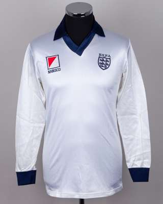 White and blue No.2 England School Boys long-sleeved shirt, 1980s