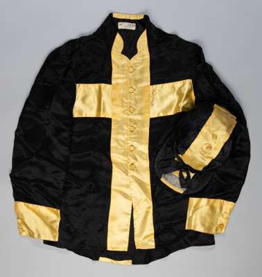 The historic silks worn by jockey Geoff Lewis when riding Mill Reef to victory in the 1971 Epsom Derby, Eclipse Stakes, King George VI and Queen Eliza