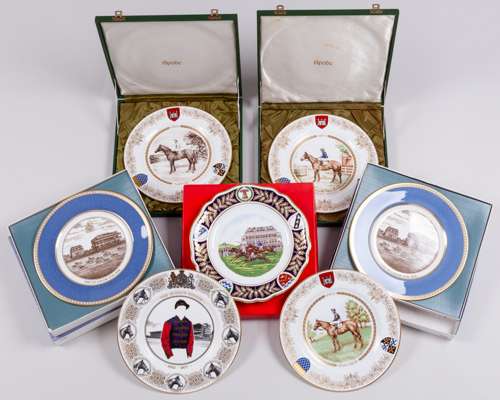 Group of seven china plates commemorating horse racing