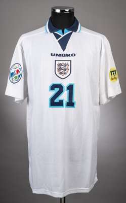 Robbie Fowler white England home jersey from the Euro 96 competition held here from June 8th to June 30th 1996,
 This is a tournament issued Umbro sho