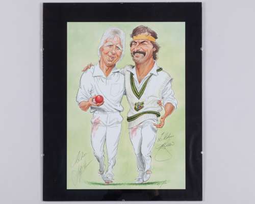 An autographed caricature print of Jeff Thomson and Dennis Lillee