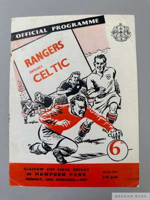Rangers v. Celtic Glasgow Cup Final Replay match programme, 26th December 1955
 rusty staples, light creasing, slight marks