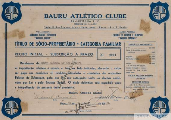 A framed title of business specifying Pelé as part owner of the Bauru Athletic Club.
 Dated October 23, 1966, 20 1/2 by 17 1/8 inches, overall

 PROVE