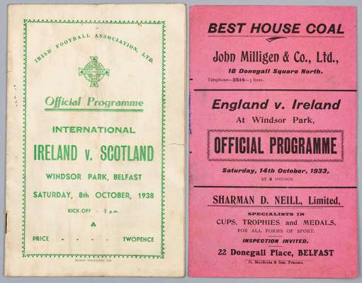 Northern Ireland International programmes, both played at Windsor Park Belfast,
 1933-34 played on 14th October 1933 v England, three-fold page, beari