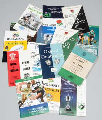 Large collection of international and national rugby programmes,
 including six nations, world cup, sevens, featuring Barbarians, England, Ireland, Ne
