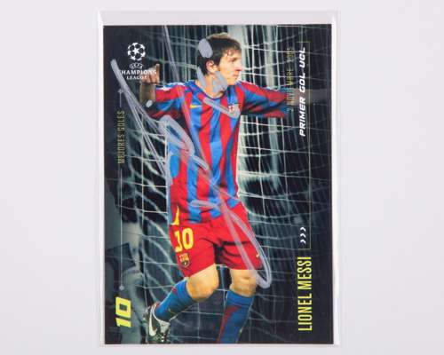 Lionel Messi autographed Barcelona Champions League Topps Mejores Goles trading card