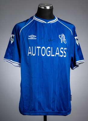 Gianfranco Zola signed blue Chelsea no.25 home jersey, season 1999-2000,
 Umbro, short-sleeved with THE FA PREMIER LEAGUE sleeve badges, club crest an