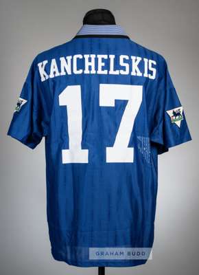 Andrei Kanchelskis blue Everton No.17 home jersey circa 1996,
 Umbro, short-sleeved, Premier League badges, reverse lettered KANCHELSKIS, area of whit