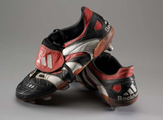David Beckham pair of match worn Adidas Predator Accelerator football boots, season 1998-99, 
 the black, red and white boots stitched with BECKHAM an
