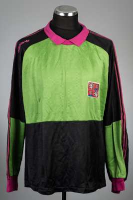Green black and pink Czechoslovakia no.1 goalkeeper's jersey, circa 1990s,
 Adidas, long-sleeved with padded elbows, embroidered country emblem badge,