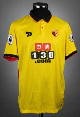 Younes Kaboul yellow, black & red Watford no.4 jersey v Sunderland, played at Vicarage Road, on 1st April 2017,
 match-issue, Dryworld, short-sleeved 