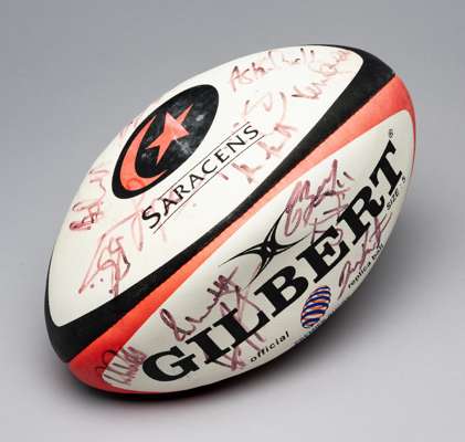 Saracens squad-signed Gilbert rugby ball, circa 2003,
 signed in black marker pen by approximately 20 squad members, including Aston Croall, Andy Good