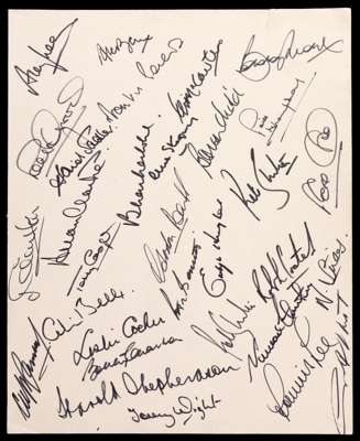 The autographs of the England 1970 World Cup squad, signed in felt tip pen on 10 by 8in. cream-coloured cardboard, Ramsey, Shepherdson, Moore, Charlto