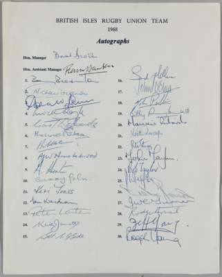Signed autograph page of the British Isles rugby union team tour to South Africa in 1968,
 signed in ink by squad members and and management, includin