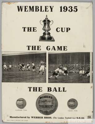 A large tin advertising sign from 1935 promoting Webber Premier Footballs, 
 featuring the 1935 FA Cup Final between West Bromwich Albion and Sheffiel