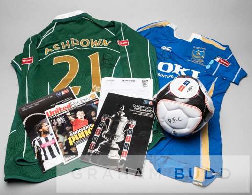 Portsmouth FC jersey's and memorabilia v Cardiff City in the FA Cup Final at Wembley, 17th May 2008,
 comprising Jamie Ashdown signed green and white 