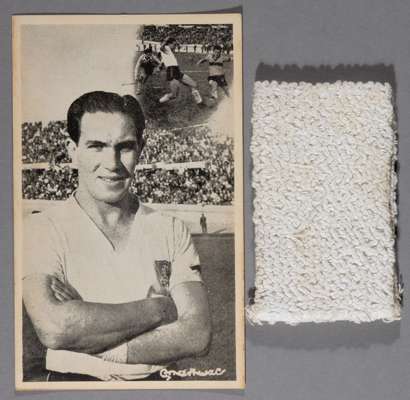 Newcastle United and Chile's George Robledo trademark white wristband and player profile card,
 white material wristband, 10 by 5.5cm and b & w player