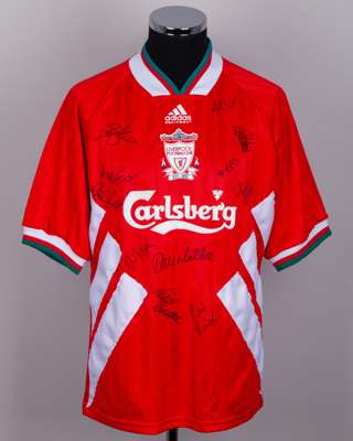 A red replica Liverpool autographed shirt, 1993-95