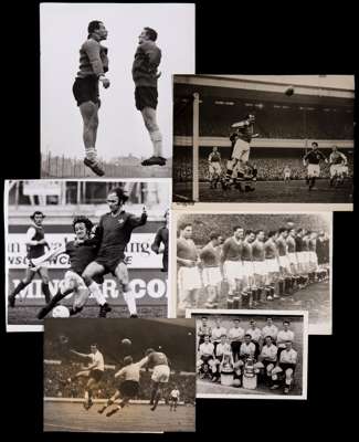 A collection of b&w football press photographs 1950s to 1970s, Arsenal the strongest theme, mostly match-action, some in training, others player portr
