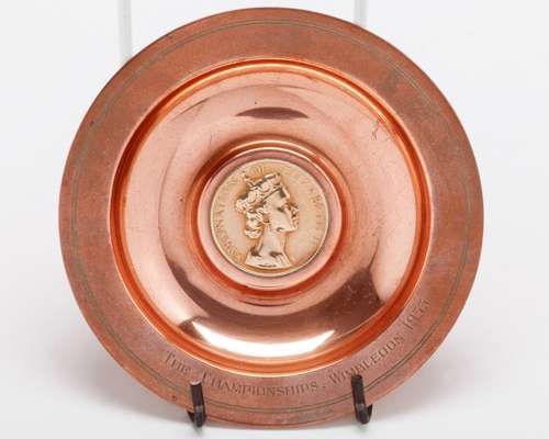 A copper dish commemorating the Coronation Championships at Wimbledon in 1953