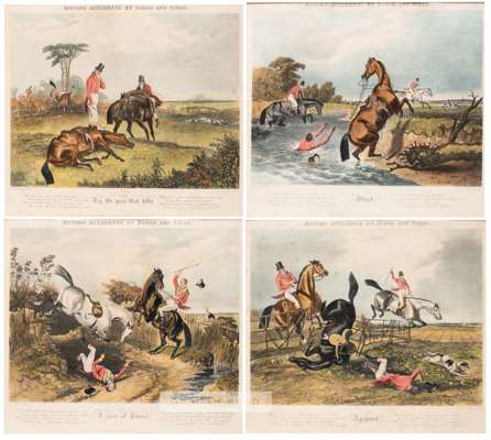 Four "Moving Accidents By Flood and Field" Series hunting prints, by F.C. Turner, 19th century,
 comprising A ground, A case of pound, Tis the pace th