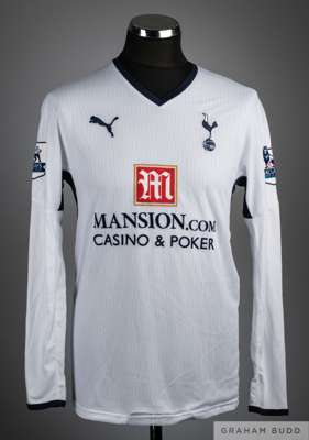 Jermaine Defoe white and blue No.25 Tottenham Hotspur long sleeved shirt 2008-09, 
 Puma, size M, V neck with embroidered cloth badge, back lettered D