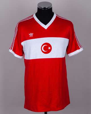 John Byrne - Tugay Kerimoglu red and white No.5 Turkey match worn short-sleeved shirt, 1991