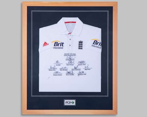 White England v. Sri Lanka npower Test Series 2011 autographed cricket shirt display