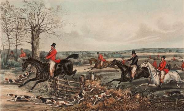 After Henry Alken senior (1785-1851) FOUR FOX HUNTING PRINTS: THE BURST, A CHECK, TALLY O!, FULL CRY, four small colour aquatints engraved by J. Harri