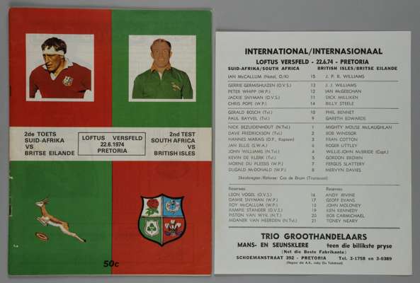 British Lions in South Africa 1974 2nd test Loftus Versfeld original 32 page match day programme and scarce original team sheet insert,
 for the 2nd r