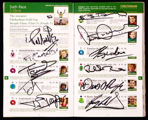 A collection of seven signed Cheltenham Gold Cup racecards, i) 2004 (Best Mate) signed inside by all the competing jockeys, and to the front cover by 