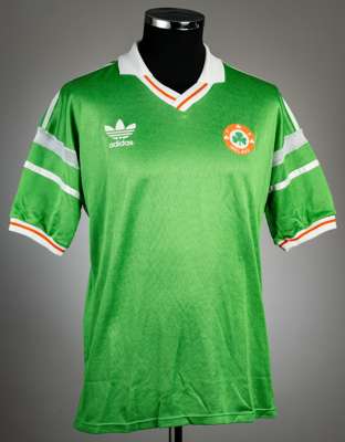 Green Republic of Ireland no.11 home jersey, circa 1988,
 Adidas, short-sleeved with FA Ireland badges and Adidas logo, reverse numbered 11, bears wea