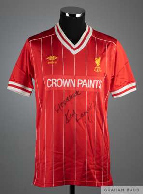 Red No.8 Liverpool short sleeve shirt, 1983-84, Umbro, L
 with v-neck and embroidered badge inscribed L.F.C., the front of the shirt autographed and d