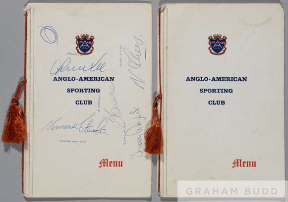 Two Anglo-American Sporting Club dinner menus partially autographed by England 1970