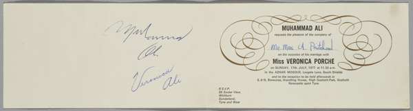A rare Muhammad Ali Wedding Invitation to celebrate the blessing of his marriage to Vernoica Porche, 
 dated 17th July 1977, the invitation autographe