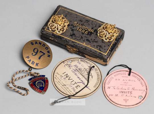 An unusual group of racecourse badges,
 comprising a rare cased matched pair of Sandown Park gilt-metal & white enamel member's badges for 1886 (the y