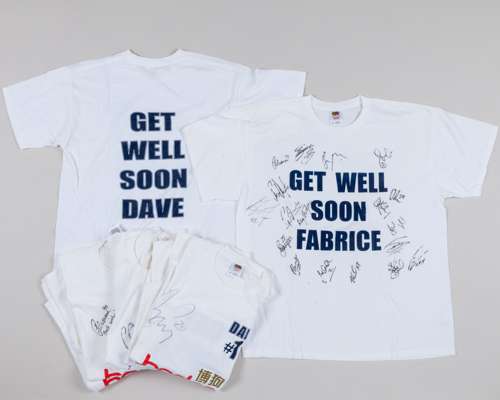 Eight Get Well Soon Dave autographed white t-shirts